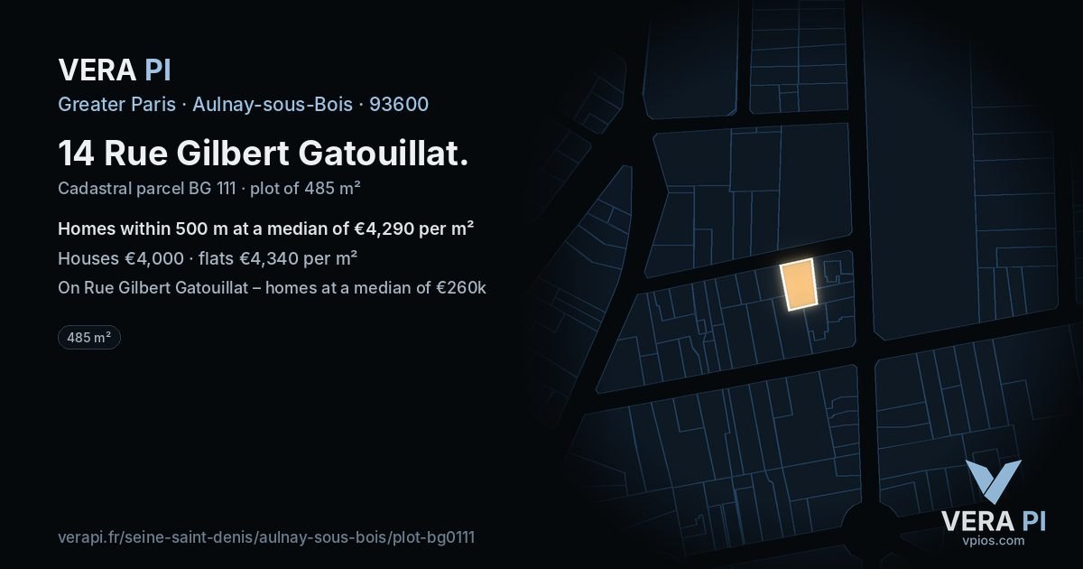 14 Rue Gilbert Gatouillat, Aulnay-sous-Bois at night – the plot lit, the parcels around coloured by the prices near them