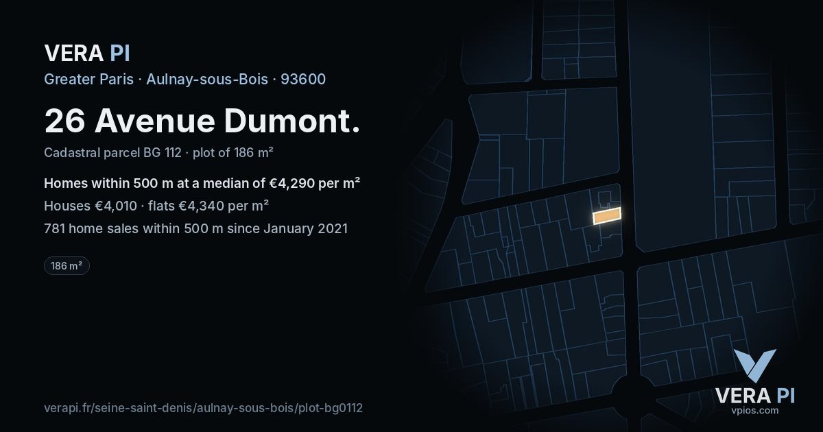 26 Avenue Dumont, Aulnay-sous-Bois at night – the plot lit, the parcels around coloured by the prices near them