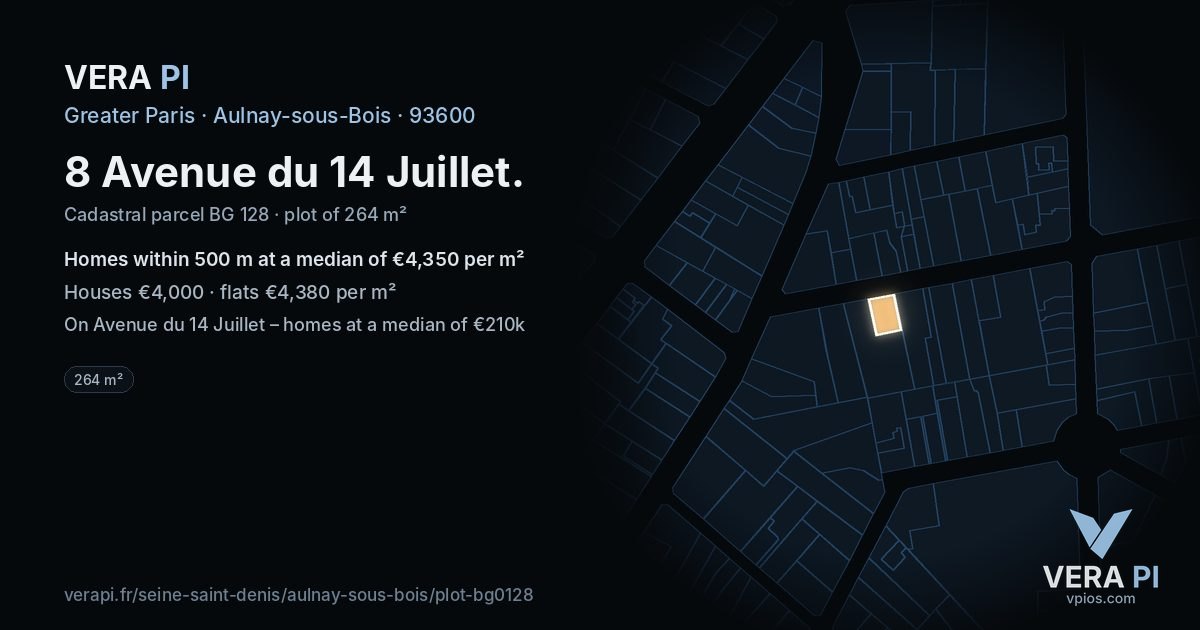 8 Avenue du 14 Juillet, Aulnay-sous-Bois at night – the plot lit, the parcels around coloured by the prices near them