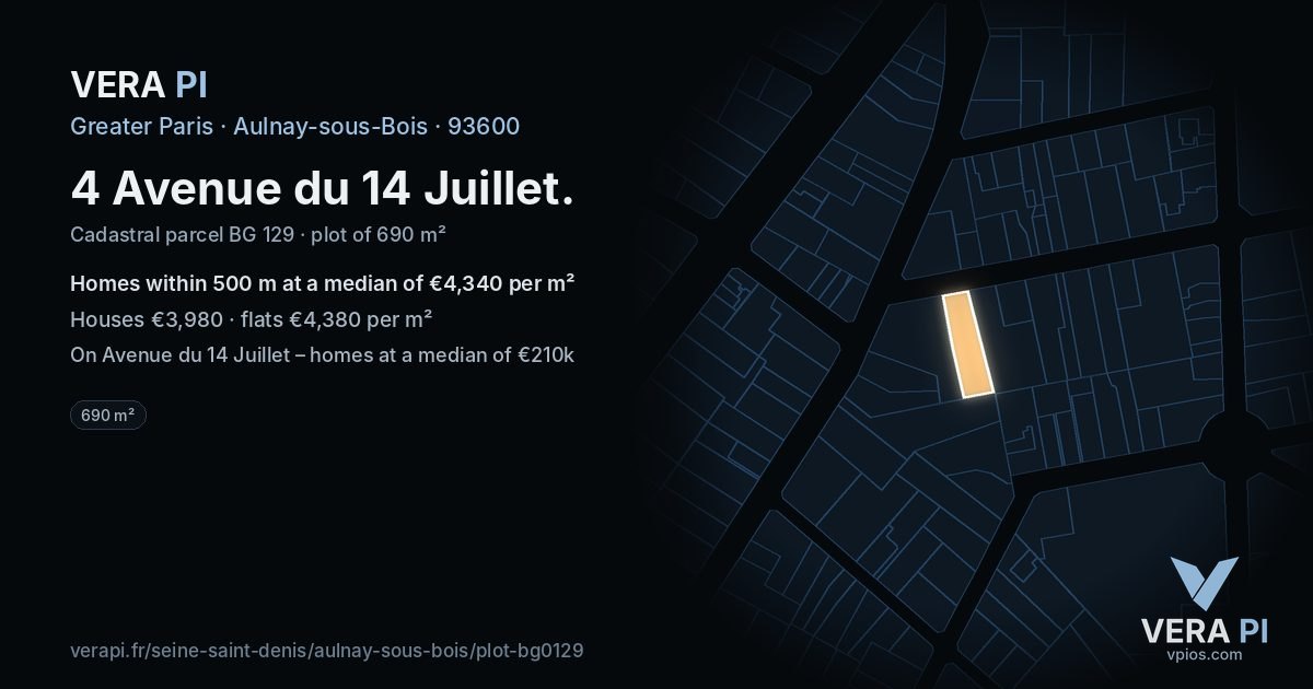 4 Avenue du 14 Juillet, Aulnay-sous-Bois at night – the plot lit, the parcels around coloured by the prices near them