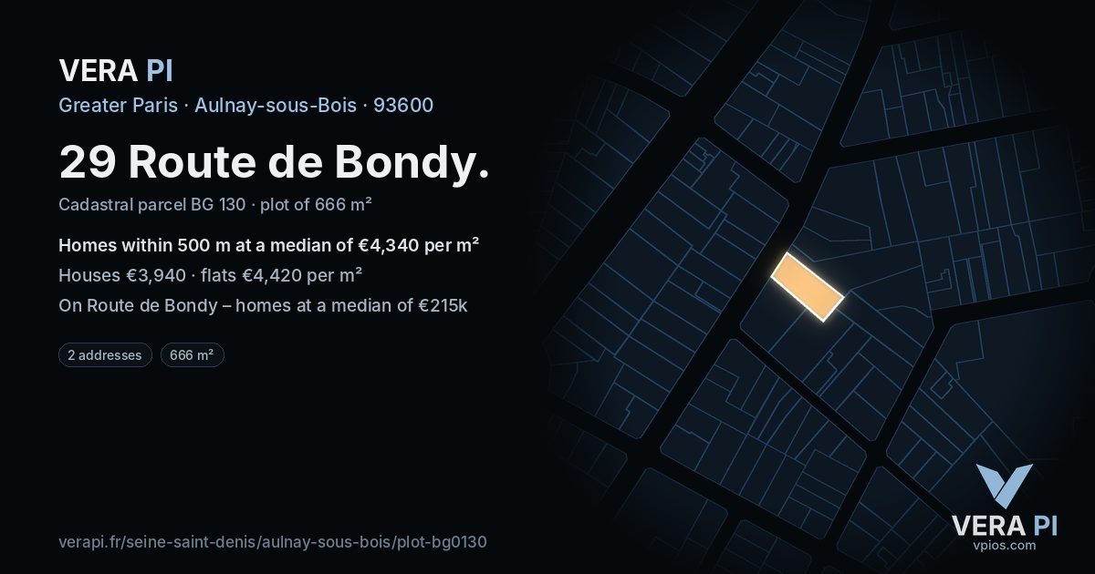 29 Route de Bondy, Aulnay-sous-Bois at night – the plot lit, the parcels around coloured by the prices near them