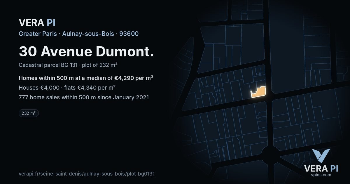 30 Avenue Dumont, Aulnay-sous-Bois at night – the plot lit, the parcels around coloured by the prices near them