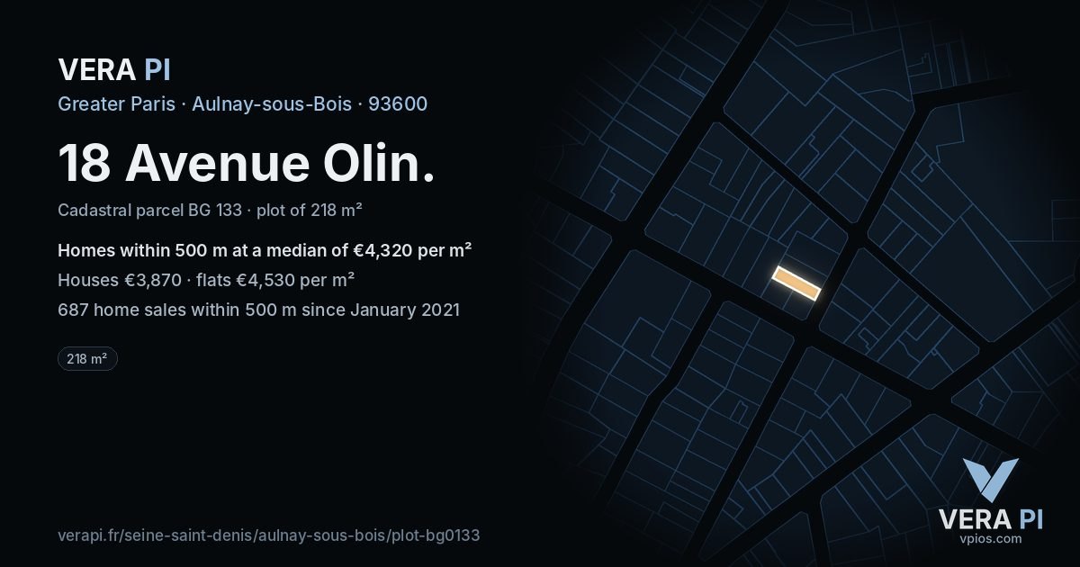 18 Avenue Olin, Aulnay-sous-Bois at night – the plot lit, the parcels around coloured by the prices near them
