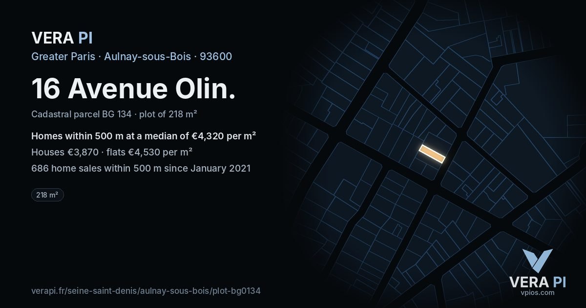 16 Avenue Olin, Aulnay-sous-Bois at night – the plot lit, the parcels around coloured by the prices near them