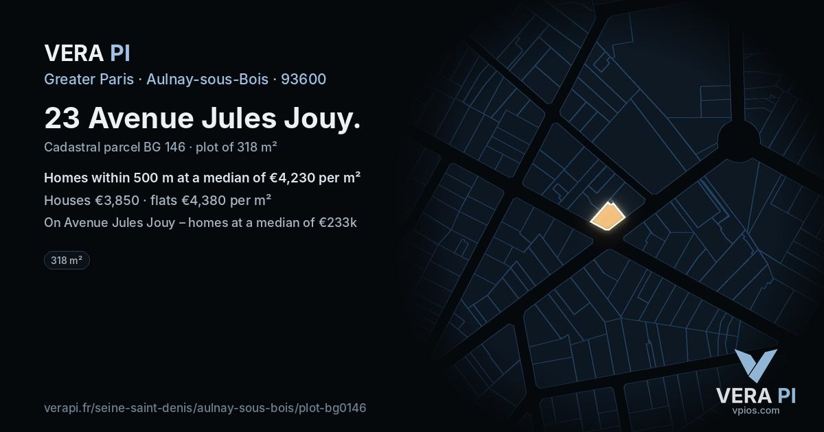 23 Avenue Jules Jouy, Aulnay-sous-Bois at night – the plot lit, the parcels around coloured by the prices near them