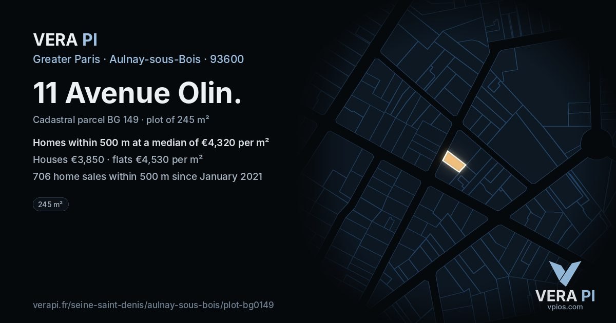 11 Avenue Olin, Aulnay-sous-Bois at night – the plot lit, the parcels around coloured by the prices near them