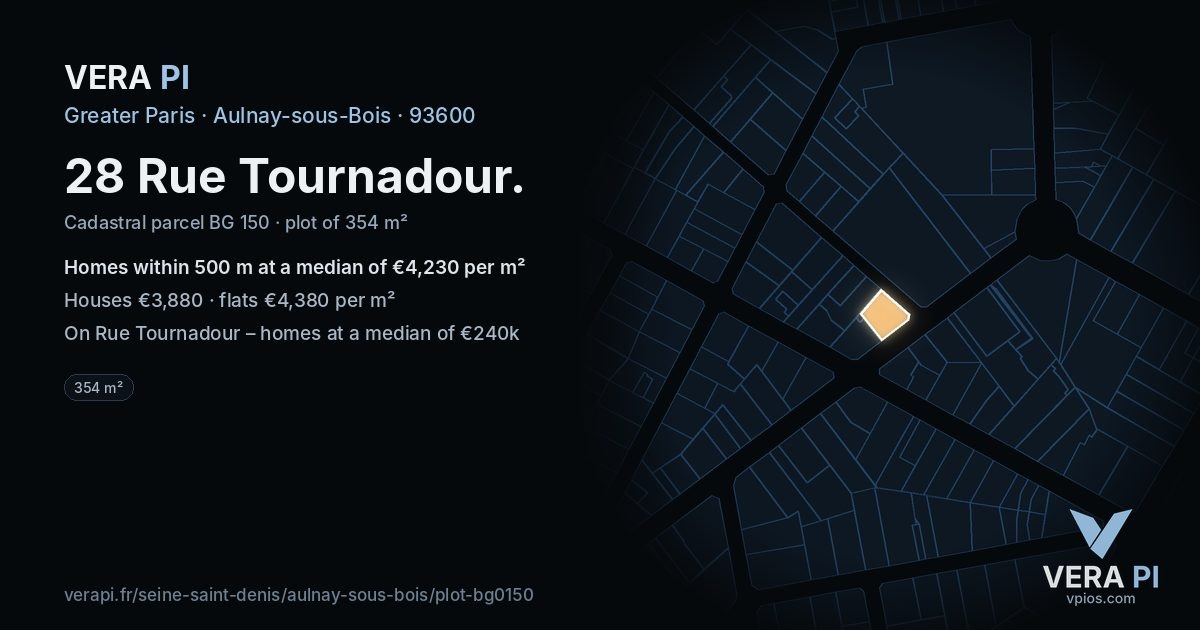 28 Rue Tournadour, Aulnay-sous-Bois at night – the plot lit, the parcels around coloured by the prices near them