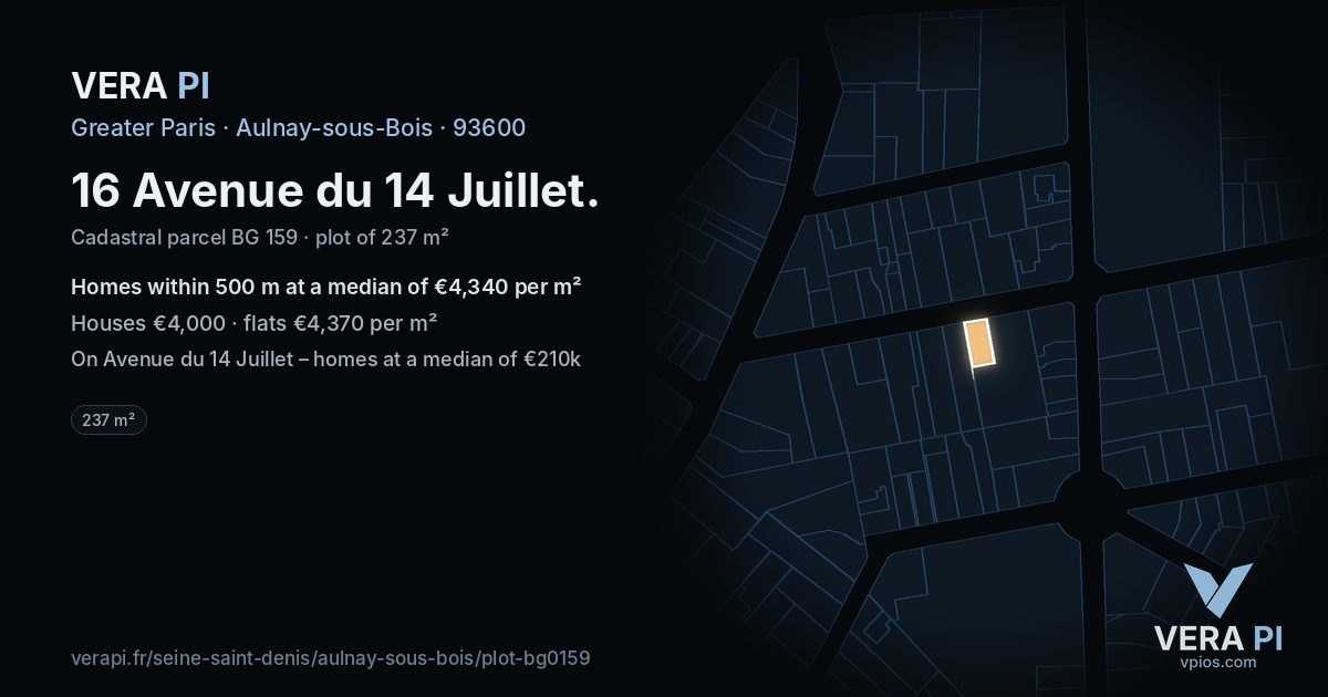 16 Avenue du 14 Juillet, Aulnay-sous-Bois at night – the plot lit, the parcels around coloured by the prices near them
