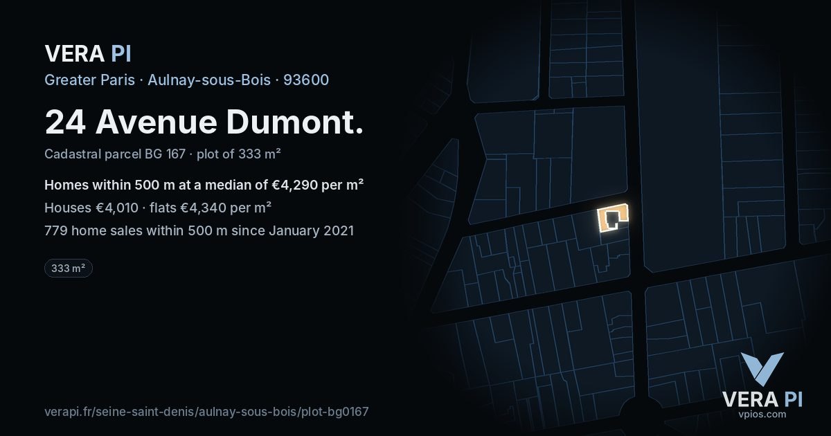 24 Avenue Dumont, Aulnay-sous-Bois at night – the plot lit, the parcels around coloured by the prices near them
