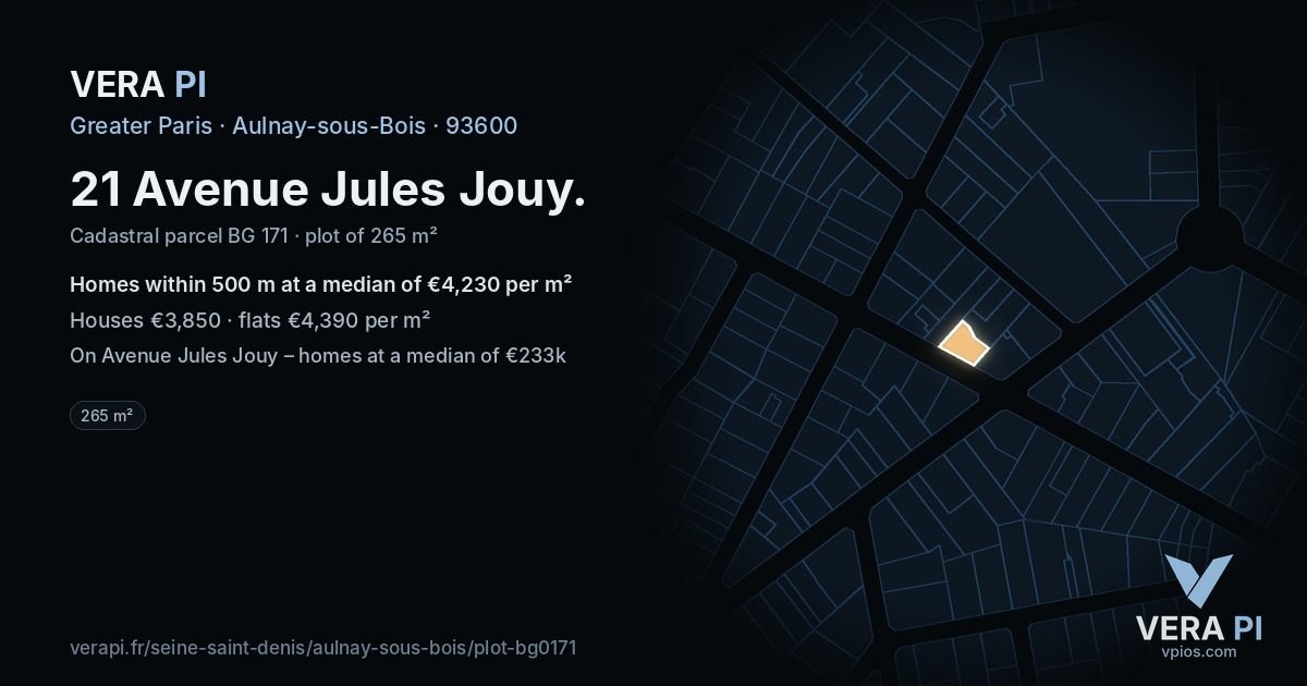 21 Avenue Jules Jouy, Aulnay-sous-Bois at night – the plot lit, the parcels around coloured by the prices near them