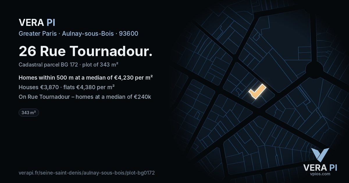 26 Rue Tournadour, Aulnay-sous-Bois at night – the plot lit, the parcels around coloured by the prices near them