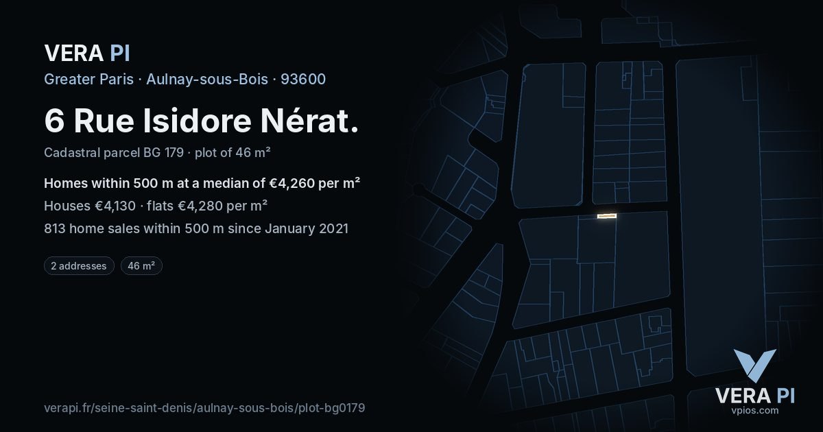 6 Rue Isidore Nérat, Aulnay-sous-Bois at night – the plot lit, the parcels around coloured by the prices near them