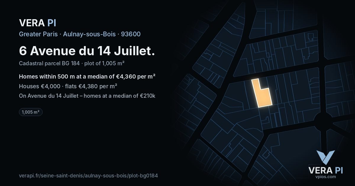 6 Avenue du 14 Juillet, Aulnay-sous-Bois at night – the plot lit, the parcels around coloured by the prices near them