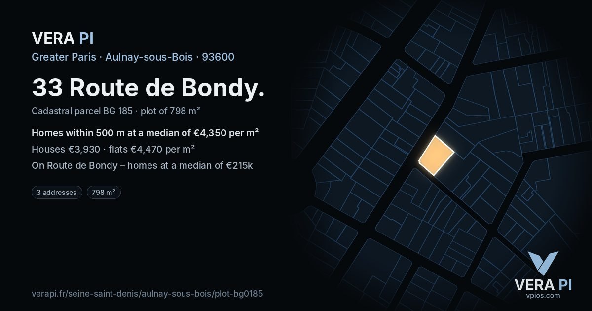 33 Route de Bondy, Aulnay-sous-Bois at night – the plot lit, the parcels around coloured by the prices near them