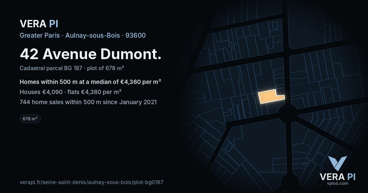 42 Avenue Dumont, Aulnay-sous-Bois at night – the plot lit, the parcels around coloured by the prices near them