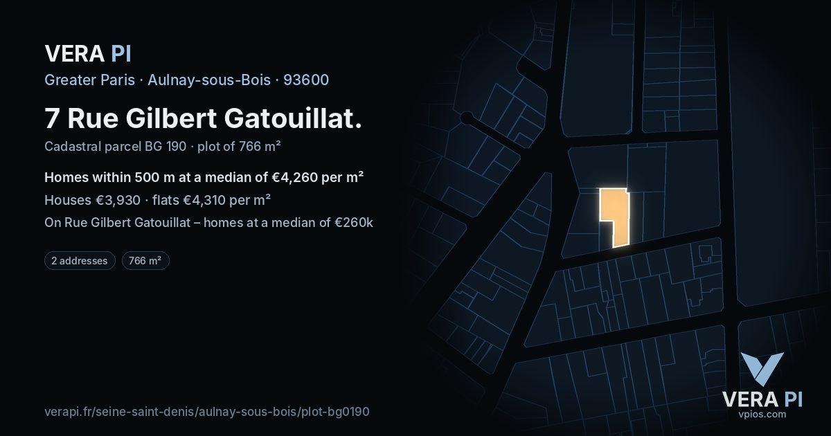 7 Rue Gilbert Gatouillat, Aulnay-sous-Bois at night – the plot lit, the parcels around coloured by the prices near them