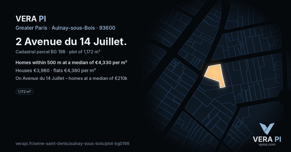 2 Avenue du 14 Juillet, Aulnay-sous-Bois at night – the plot lit, the parcels around coloured by the prices near them