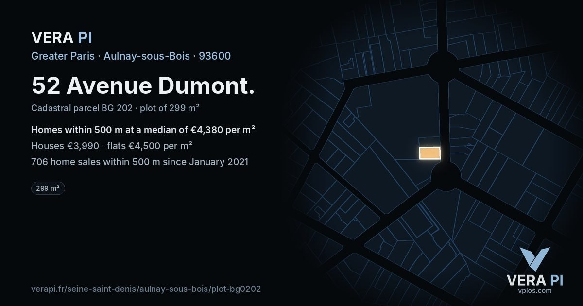 52 Avenue Dumont, Aulnay-sous-Bois at night – the plot lit, the parcels around coloured by the prices near them