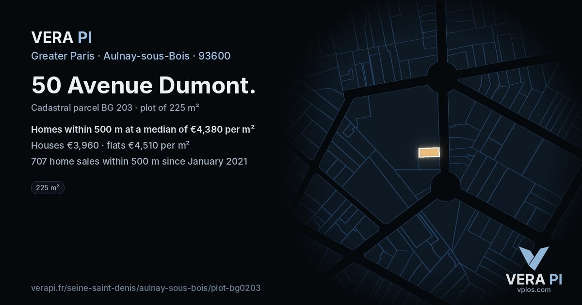 50 Avenue Dumont, Aulnay-sous-Bois at night – the plot lit, the parcels around coloured by the prices near them