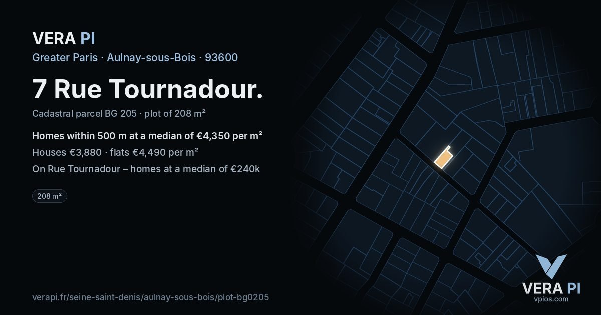 7 Rue Tournadour, Aulnay-sous-Bois at night – the plot lit, the parcels around coloured by the prices near them