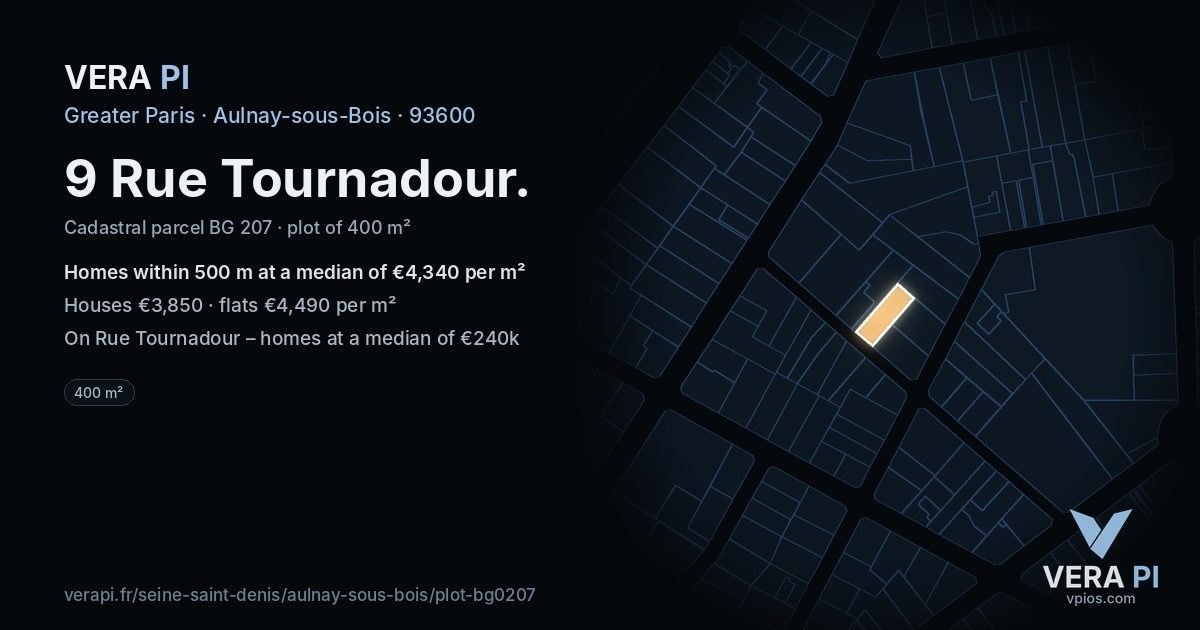 9 Rue Tournadour, Aulnay-sous-Bois at night – the plot lit, the parcels around coloured by the prices near them