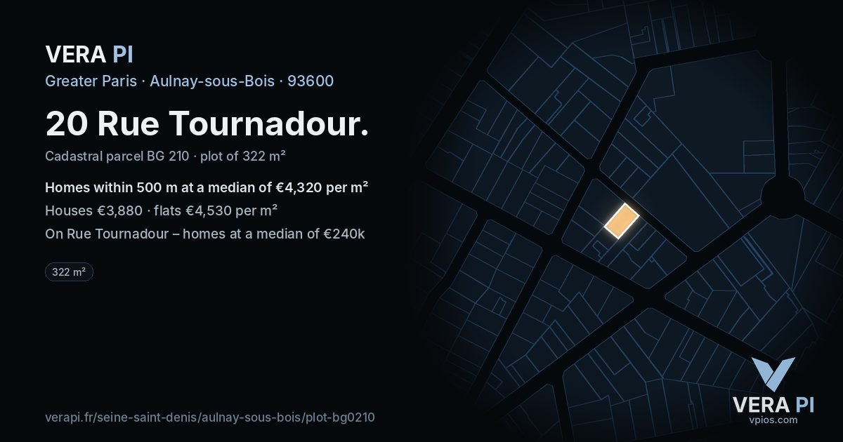 20 Rue Tournadour, Aulnay-sous-Bois at night – the plot lit, the parcels around coloured by the prices near them