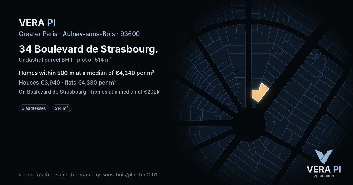 34 Boulevard de Strasbourg, Aulnay-sous-Bois at night – the plot lit, the parcels around coloured by the prices near them