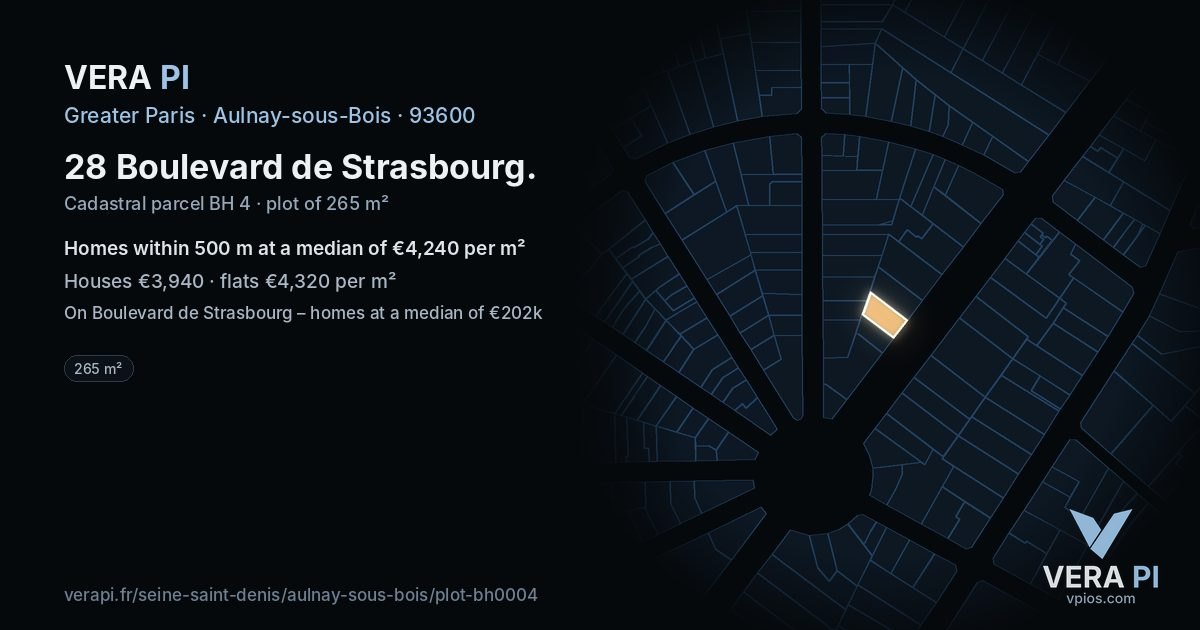 28 Boulevard de Strasbourg, Aulnay-sous-Bois at night – the plot lit, the parcels around coloured by the prices near them