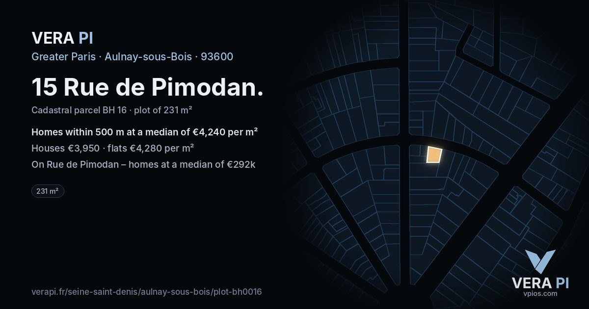 15 Rue de Pimodan, Aulnay-sous-Bois at night – the plot lit, the parcels around coloured by the prices near them