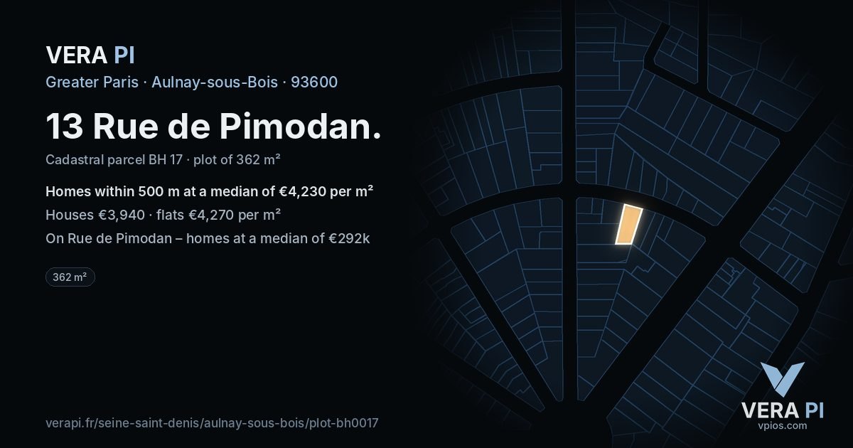13 Rue de Pimodan, Aulnay-sous-Bois at night – the plot lit, the parcels around coloured by the prices near them