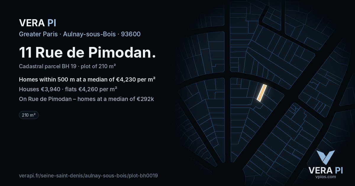 11 Rue de Pimodan, Aulnay-sous-Bois at night – the plot lit, the parcels around coloured by the prices near them