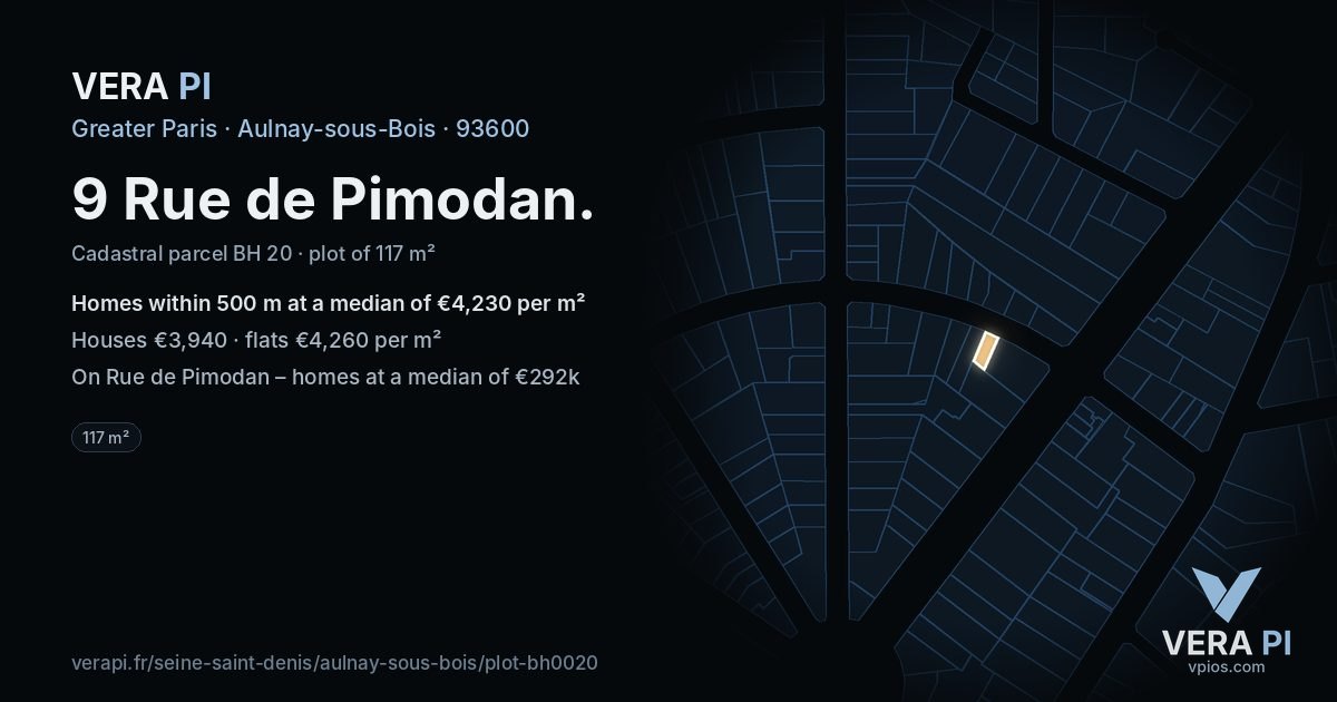 9 Rue de Pimodan, Aulnay-sous-Bois at night – the plot lit, the parcels around coloured by the prices near them