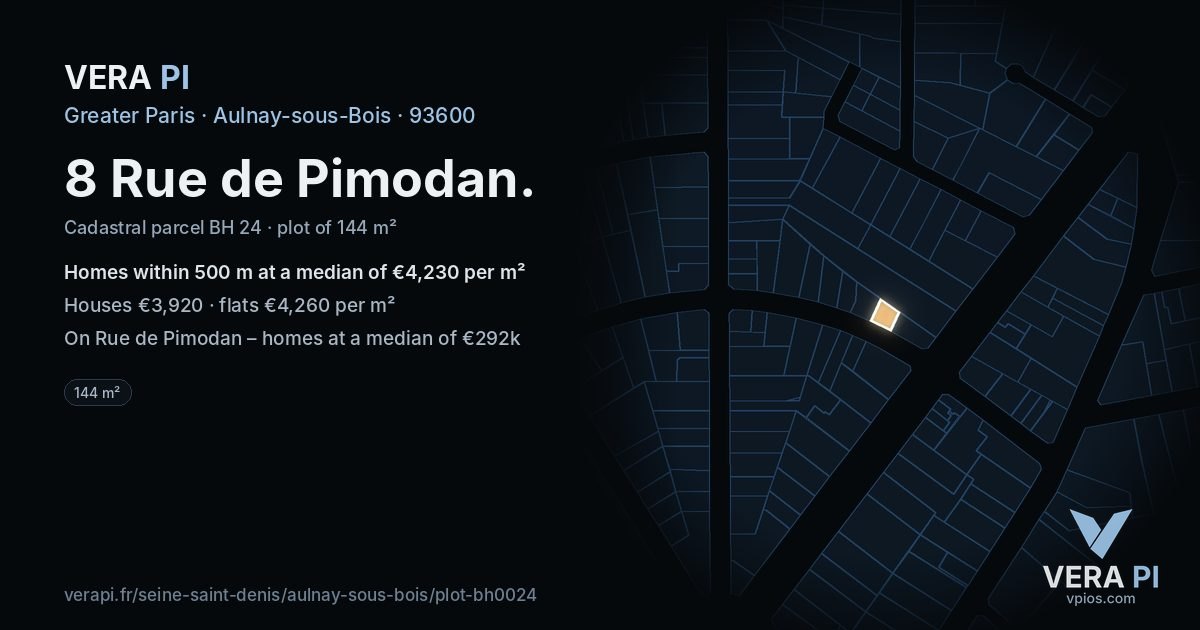 8 Rue de Pimodan, Aulnay-sous-Bois at night – the plot lit, the parcels around coloured by the prices near them