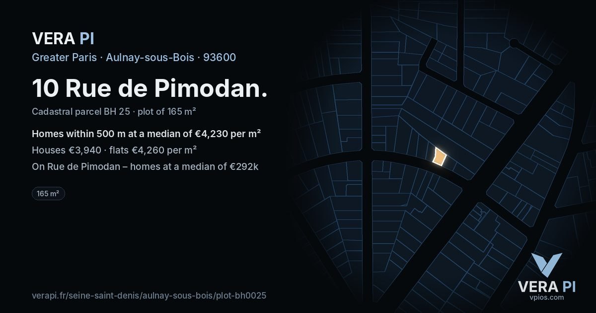 10 Rue de Pimodan, Aulnay-sous-Bois at night – the plot lit, the parcels around coloured by the prices near them