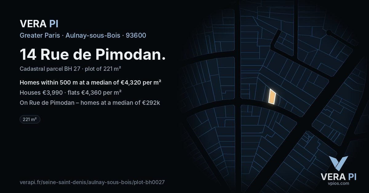 14 Rue de Pimodan, Aulnay-sous-Bois at night – the plot lit, the parcels around coloured by the prices near them