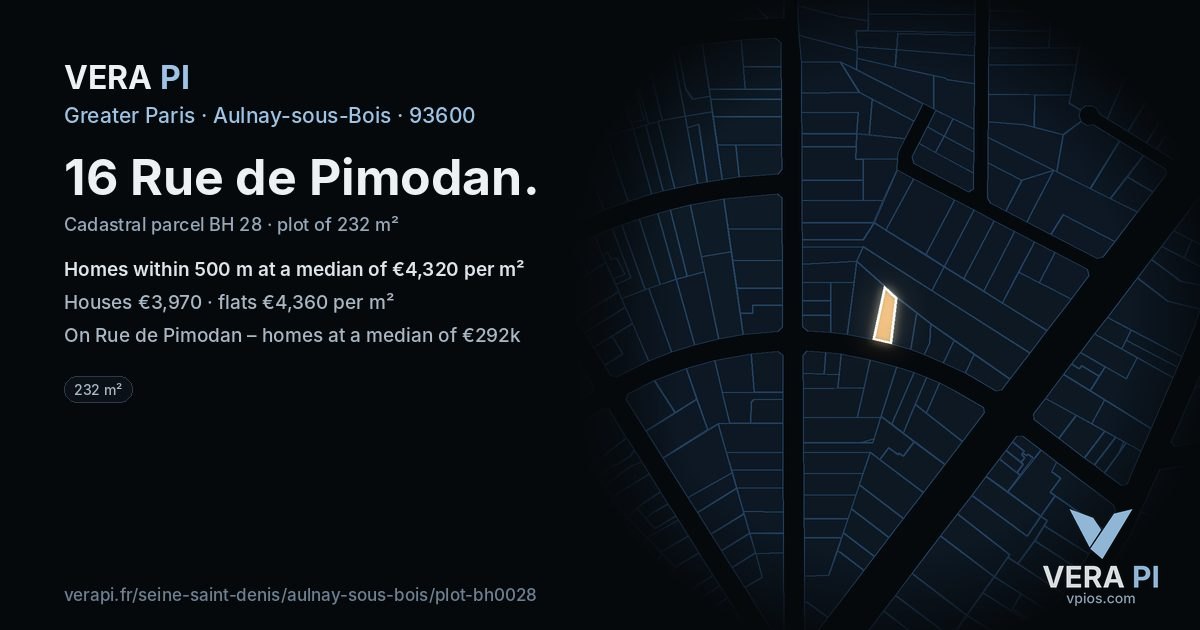 16 Rue de Pimodan, Aulnay-sous-Bois at night – the plot lit, the parcels around coloured by the prices near them