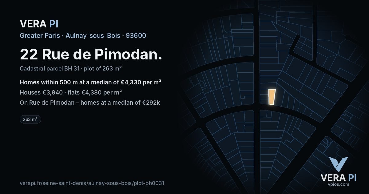 22 Rue de Pimodan, Aulnay-sous-Bois at night – the plot lit, the parcels around coloured by the prices near them