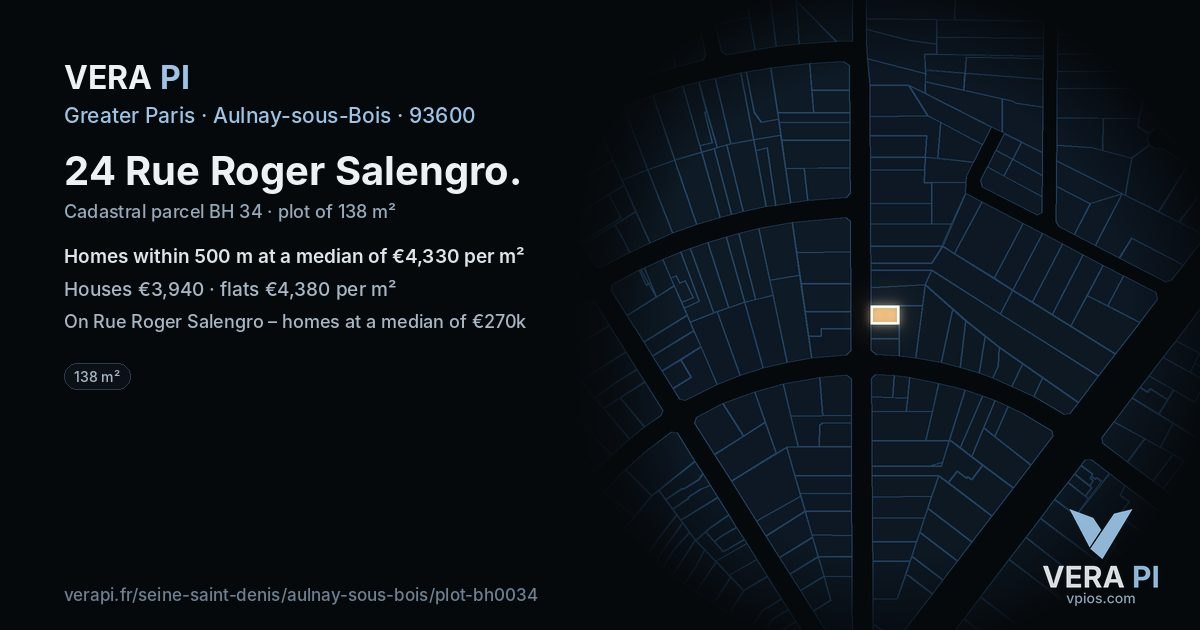 24 Rue Roger Salengro, Aulnay-sous-Bois at night – the plot lit, the parcels around coloured by the prices near them