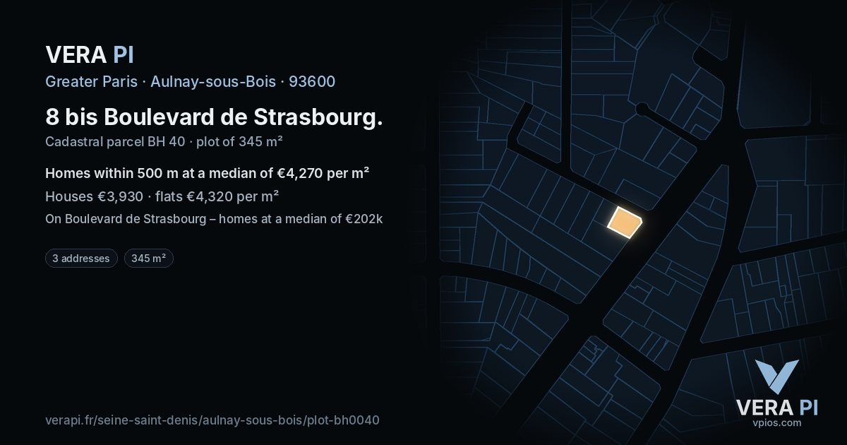 8 bis Boulevard de Strasbourg, Aulnay-sous-Bois at night – the plot lit, the parcels around coloured by the prices near them