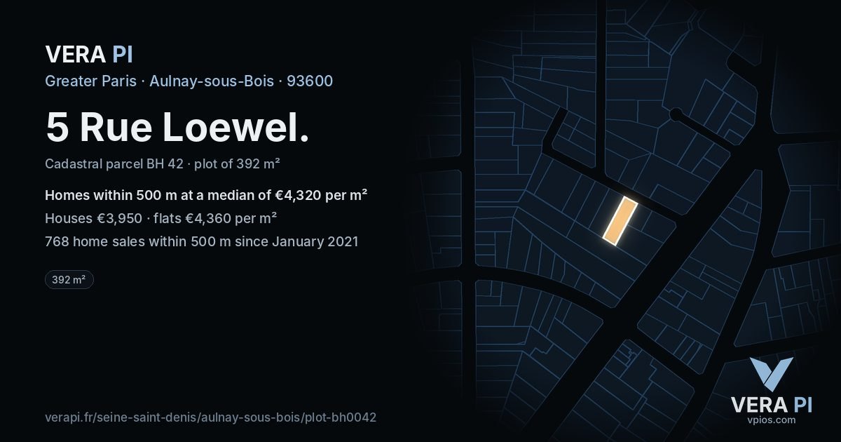 5 Rue Loewel, Aulnay-sous-Bois at night – the plot lit, the parcels around coloured by the prices near them