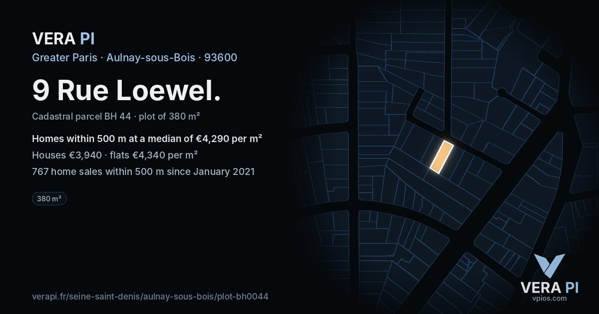 9 Rue Loewel, Aulnay-sous-Bois at night – the plot lit, the parcels around coloured by the prices near them