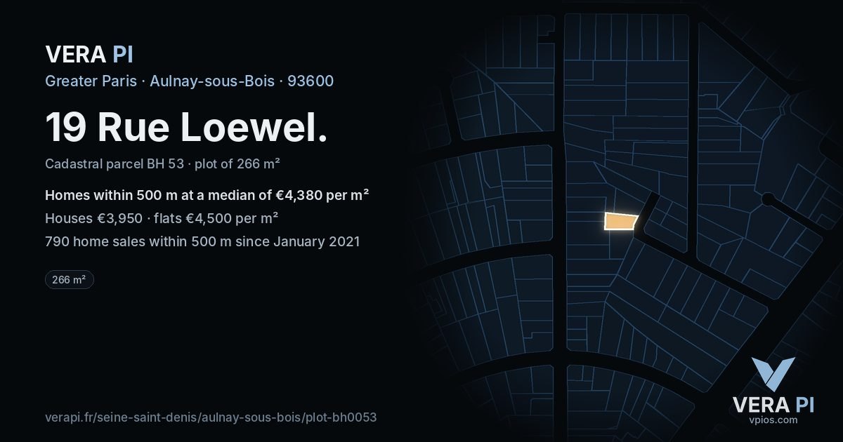 19 Rue Loewel, Aulnay-sous-Bois at night – the plot lit, the parcels around coloured by the prices near them