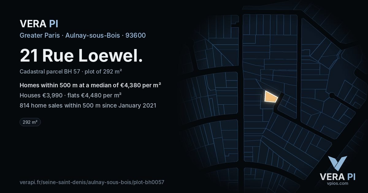 21 Rue Loewel, Aulnay-sous-Bois at night – the plot lit, the parcels around coloured by the prices near them
