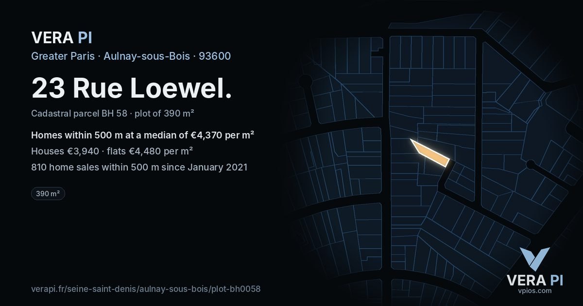 23 Rue Loewel, Aulnay-sous-Bois at night – the plot lit, the parcels around coloured by the prices near them
