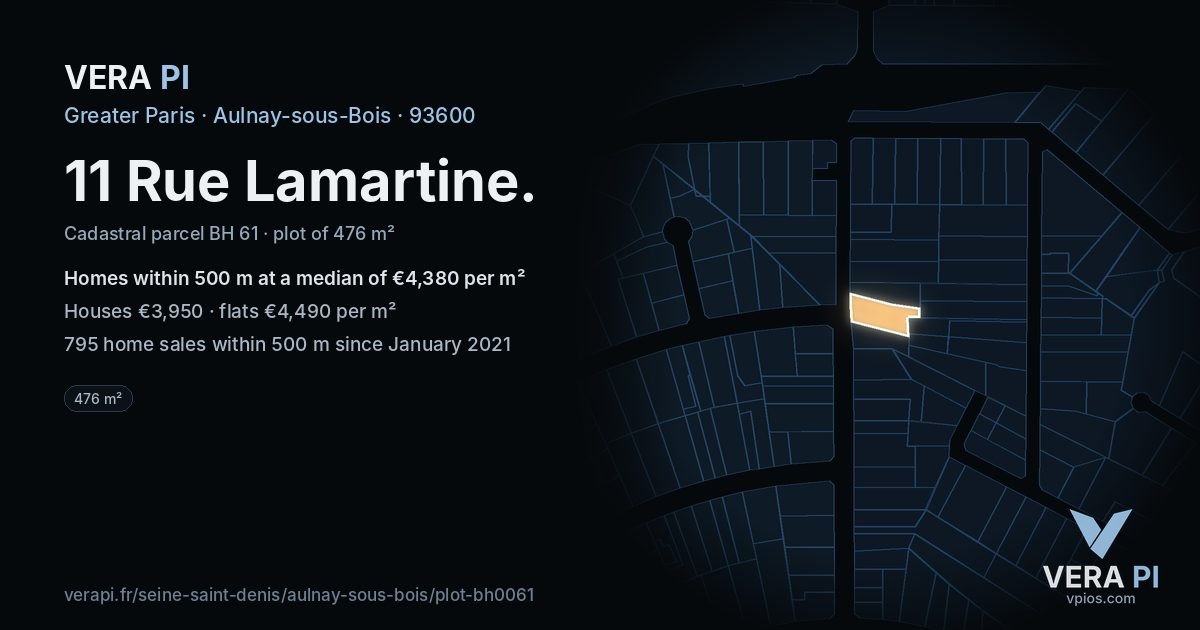 11 Rue Lamartine, Aulnay-sous-Bois at night – the plot lit, the parcels around coloured by the prices near them