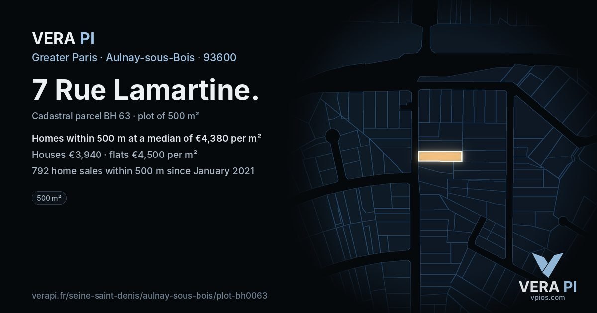 7 Rue Lamartine, Aulnay-sous-Bois at night – the plot lit, the parcels around coloured by the prices near them