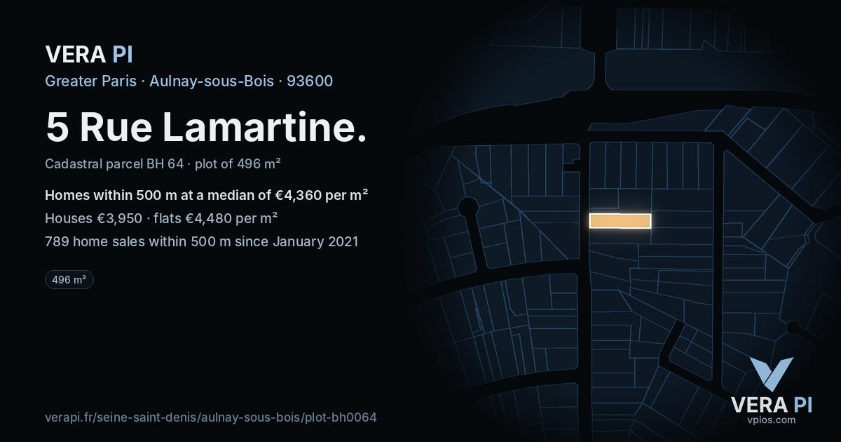 5 Rue Lamartine, Aulnay-sous-Bois at night – the plot lit, the parcels around coloured by the prices near them