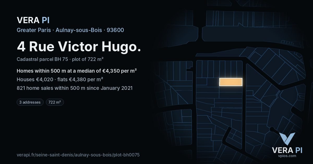 4 Rue Victor Hugo, Aulnay-sous-Bois at night – the plot lit, the parcels around coloured by the prices near them