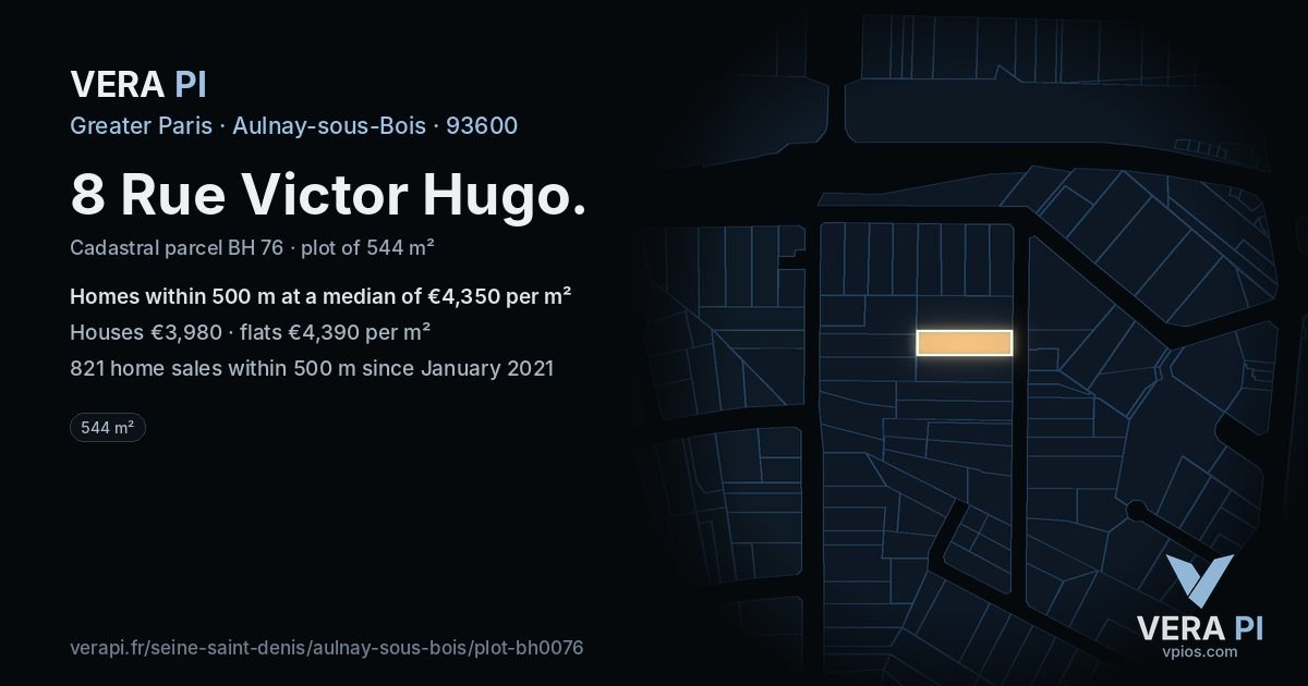 8 Rue Victor Hugo, Aulnay-sous-Bois at night – the plot lit, the parcels around coloured by the prices near them