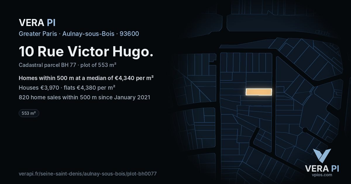 10 Rue Victor Hugo, Aulnay-sous-Bois at night – the plot lit, the parcels around coloured by the prices near them
